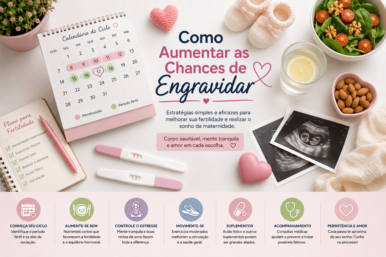 Planejamento para engravidar com calendário do período fértil, alimentação saudável e cuidados que podem favorecer a fertilidade.