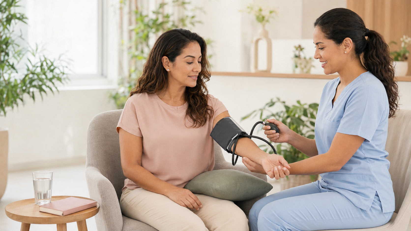 Profissional de saúde mede a pressão arterial de uma mulher adulta durante atendimento preventivo em ambiente claro e acolhedor.