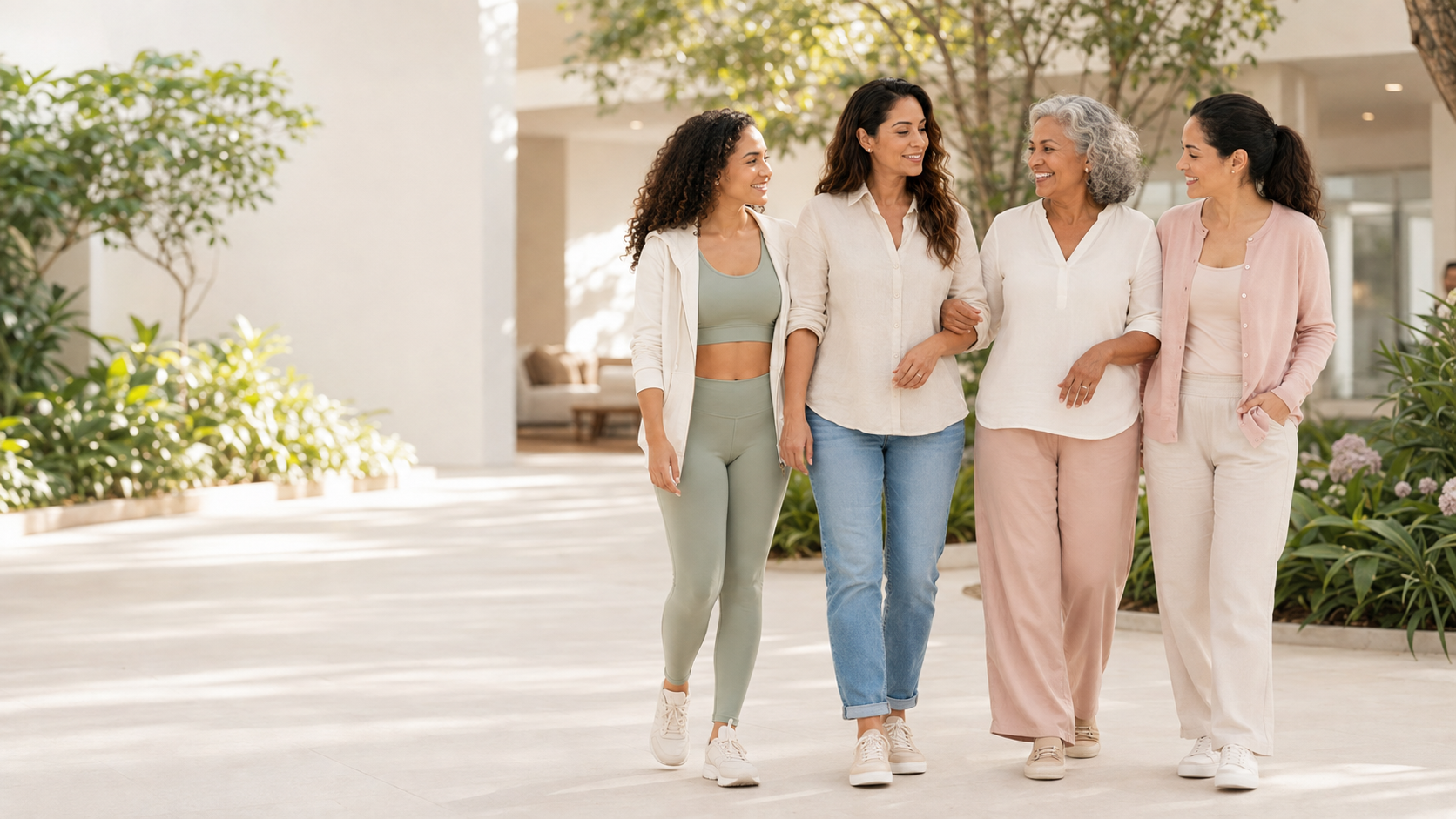 Mulheres brasileiras de diferentes idades caminham juntas em ambiente claro, representando saúde, prevenção e bem-estar em todas as fases da vida.