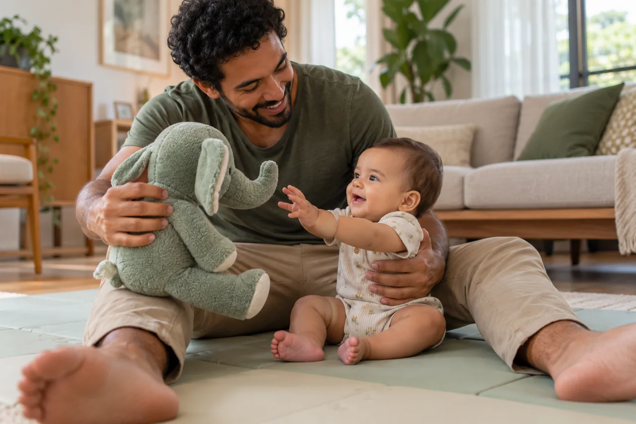 Pai apoia o bebê sentado no tapete e oferece um brinquedo de tecido para a interação.