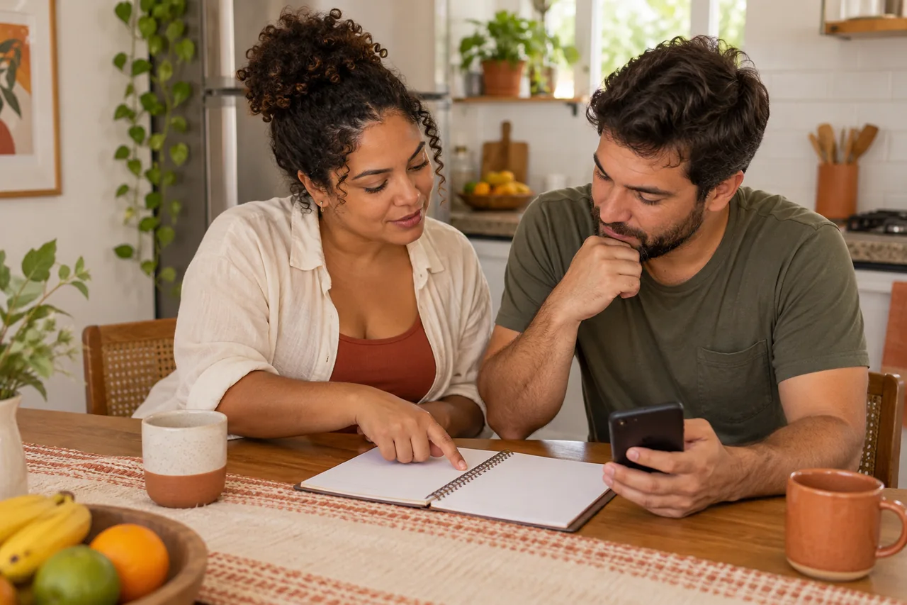 Dois cuidadores conversam sobre anotações e um celular à mesa.