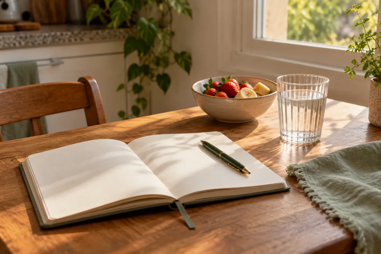 Caderno aberto, caneta, água e frutas sobre uma mesa para organizar pequenas pausas.